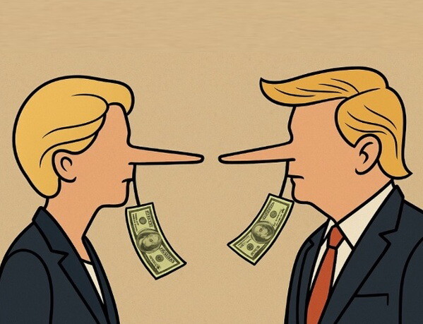 Ursula von der Leyen y Donald Trump, en dibujo sencillo, sin rasgos, de perfil, muestran narices de Pinocho mientras, de un hilo que cuelga de sus caras, vemos suspendido un billete de 100 dólares (el de Benjamin Franklin, ¿sí?).